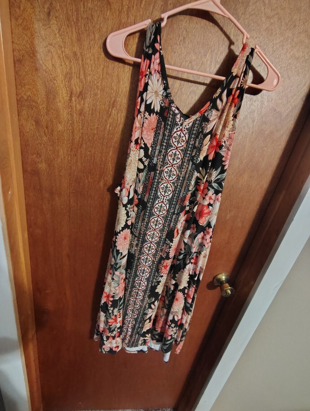 Black Floral Sleeveless Summer Dress with Coral Accents